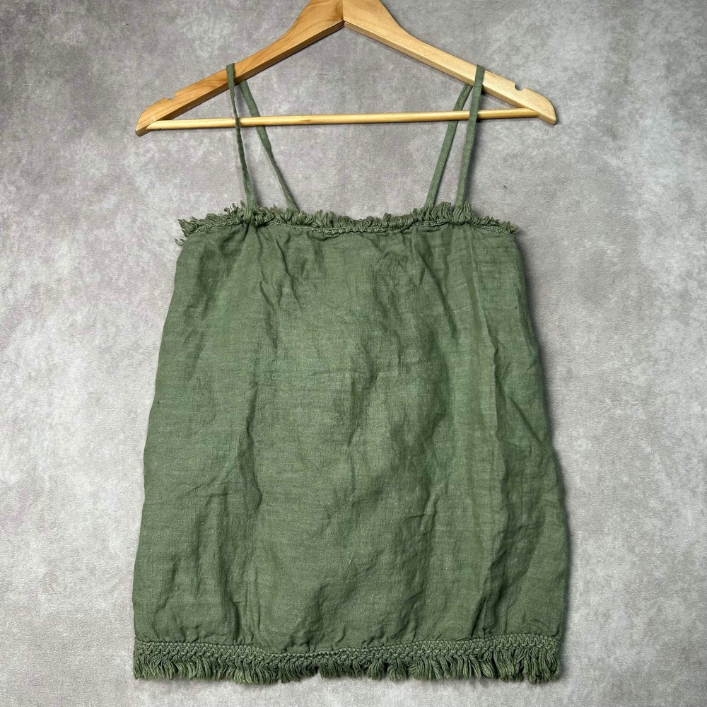 Francesca Bettini Olive Green 100% Linen Fringe Camisole Top Made Italy Size M